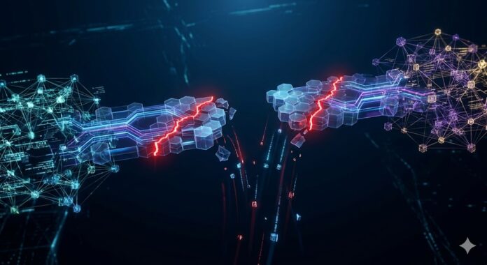 Broken blockchain bridge visualization with red warning signals on dark background representing $340 million in DeFi bridge exploits in 2026